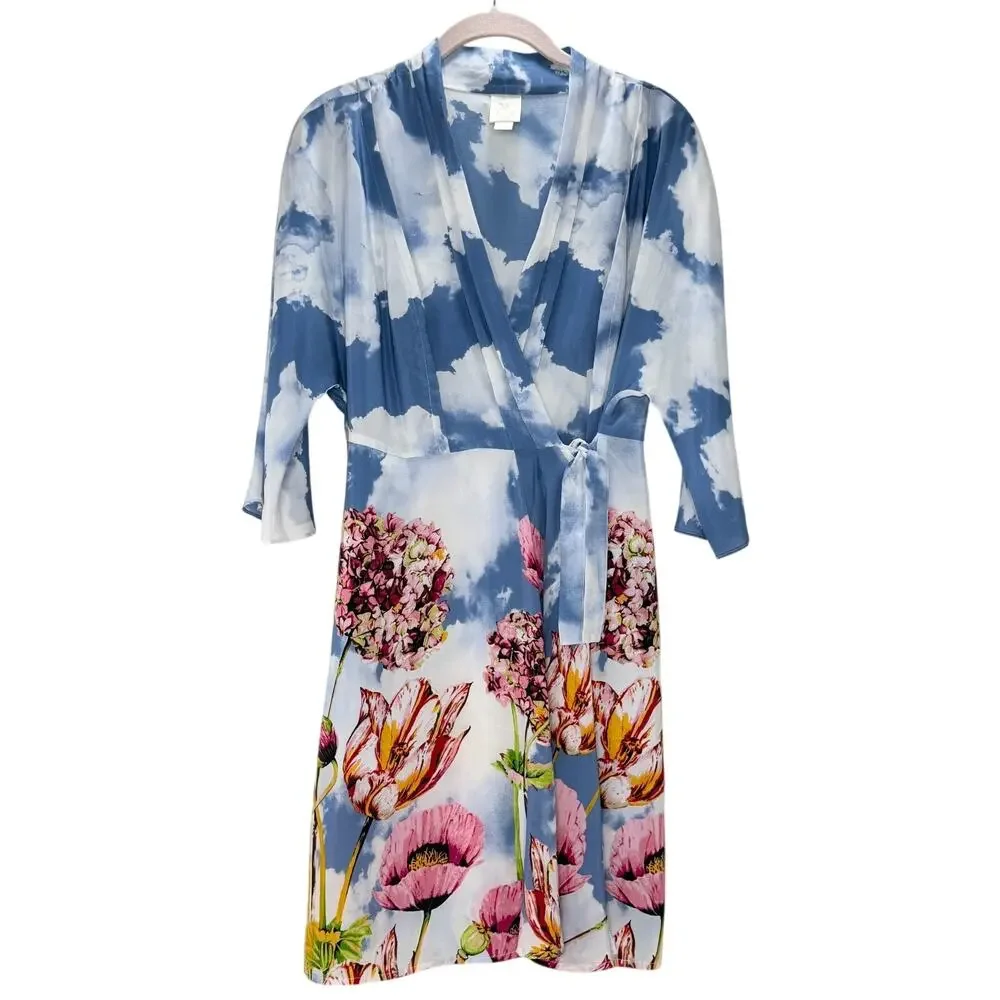 Anthropologie E by Eloise Silk Wrap Dress S Blue Sky Floral Kimono Pockets EUC